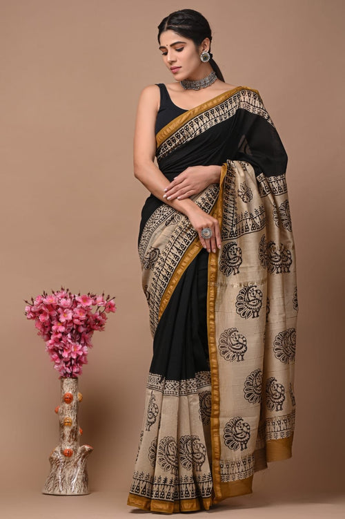 Black & Gold Floral Motifs Bagru Hand Block Print Chanderi Silk Saree With Blouse Piece