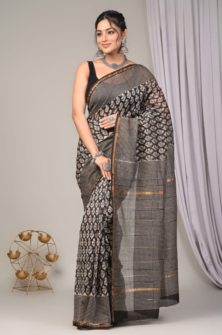 Black and white floral motifs on Chanderi Silk saree with geometric borders