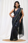 Dark Blue & Maroon Floral Motifs Bagru Hand Block Print Chanderi Silk Saree With Blouse Piece