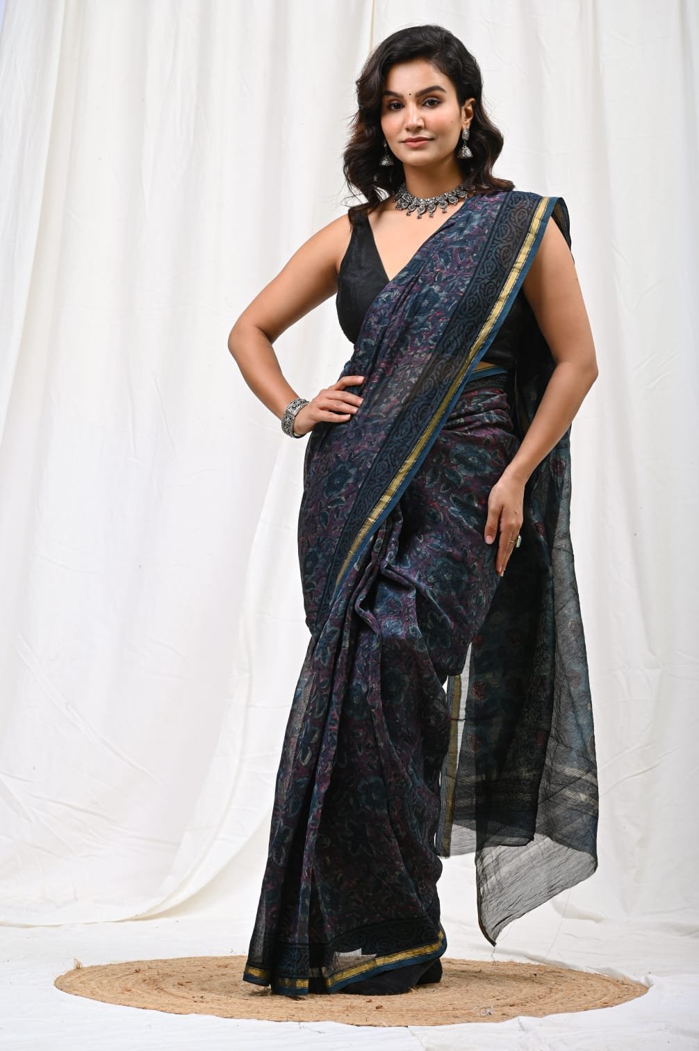 Dark blue saree with floral Bagru hand block print in Chanderi silk
