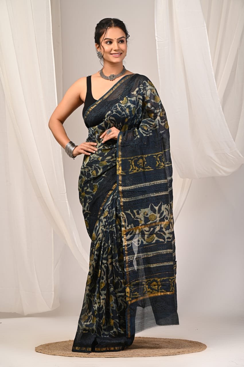 Navy blue Chanderi silk saree with floral Bagru hand block print motifs