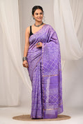 Purple & White Floral Buti Bagru Hand Block Print Chanderi Silk Saree With Blouse Piece