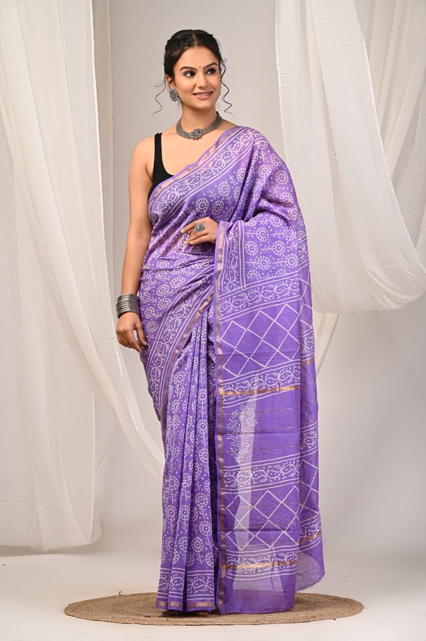 Purple saree with floral Bagru hand block prints and geometric border