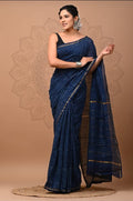 Navy Blue & Gold Floral Buti Bagru Hand Block Print Chanderi Silk Saree With Blouse Piece