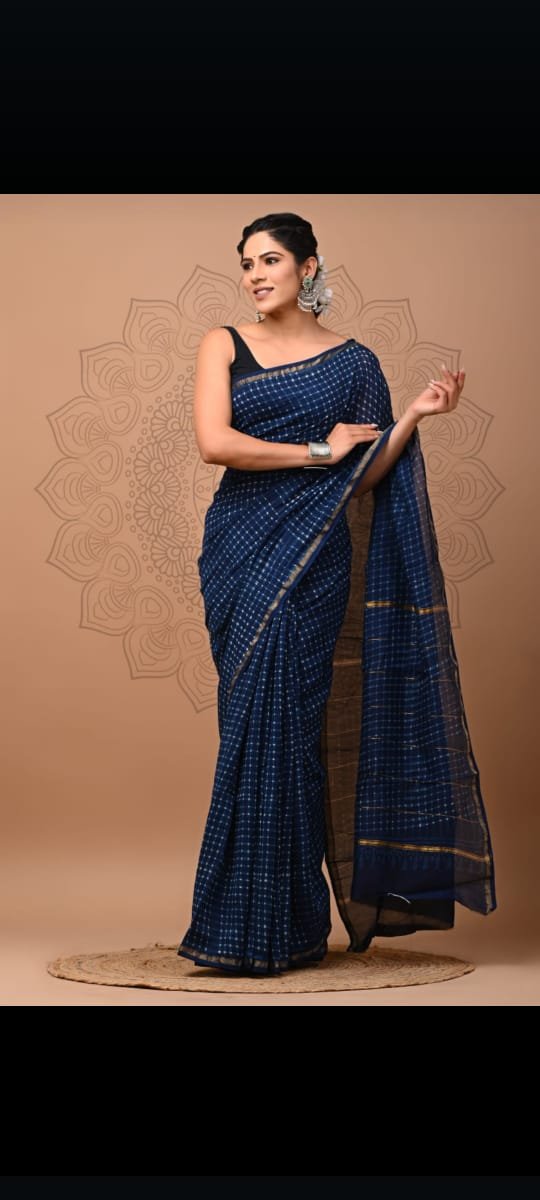 Navy Blue Chanderi Silk Saree with Buti Motif and Bagru Hand Block Print