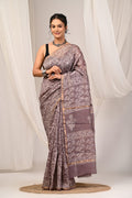 Grey & Off-White Floral Block Print Bagru Hand Block Print Chanderi Silk Saree With Blouse Piece