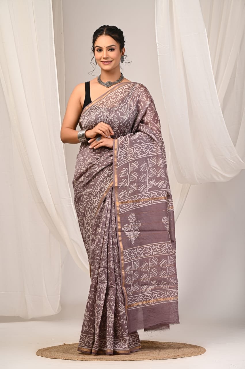 Grey Chanderi Silk saree with floral and geometric block prints