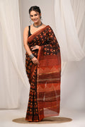 Rust & Black Floral Bagru Hand Block Print Chanderi Silk Saree With Blouse Piece