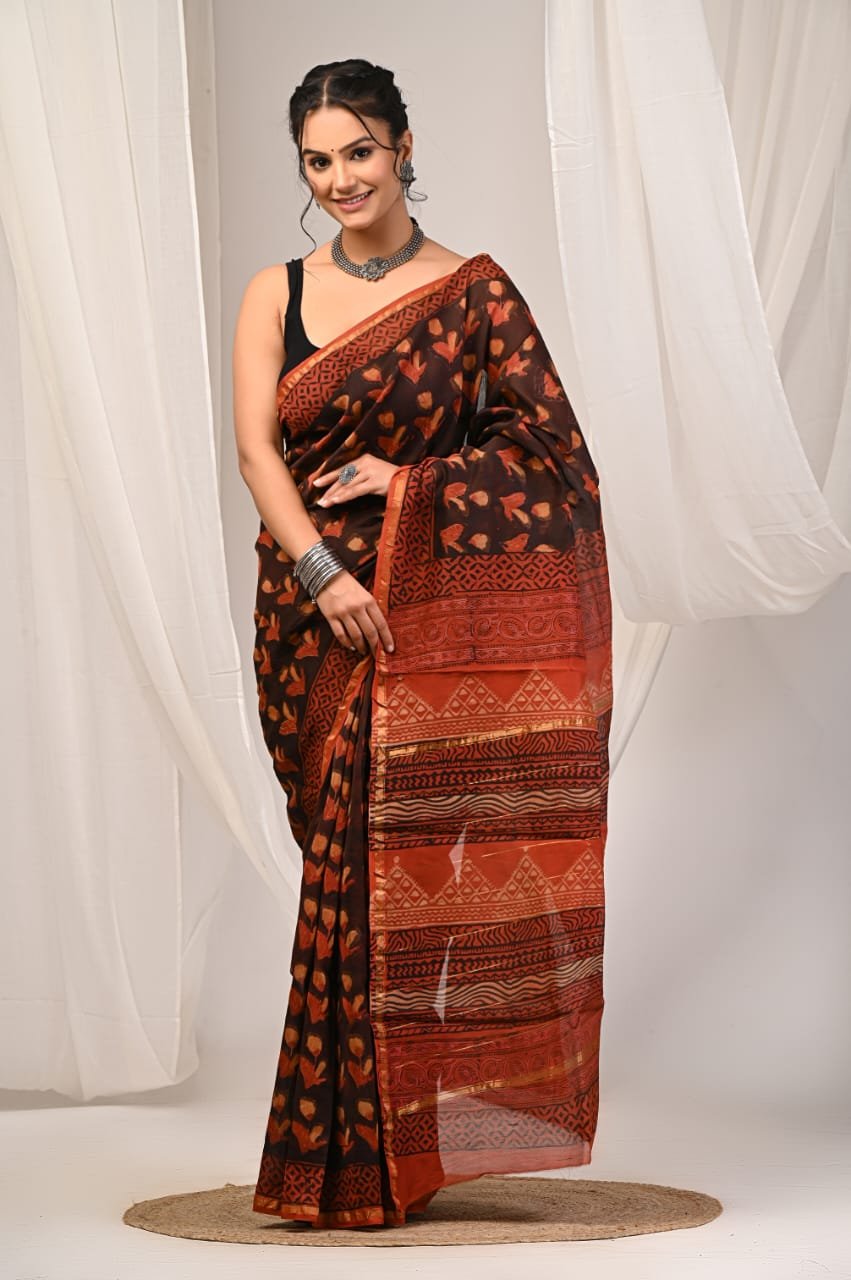 Rust and black Chanderi silk saree with floral and geometric motifs