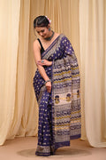 Indigo Blue & Off-White Floral Motifs Bagru Hand Block Print Chanderi Silk Saree With Blouse Piece