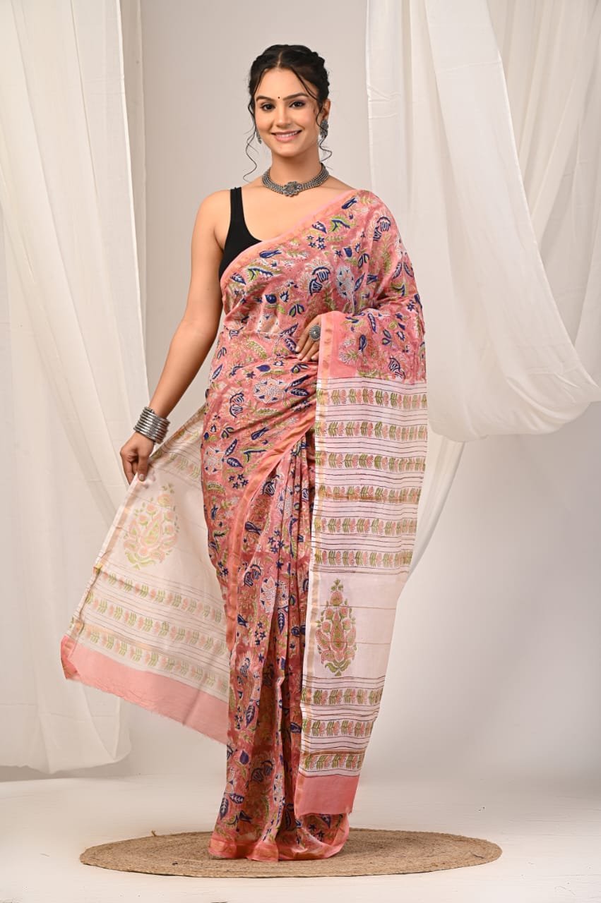 Pink saree with floral motifs and geometric borders in Chanderi Silk fabric