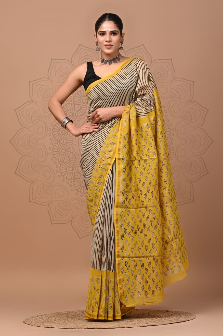 Yellow Chanderi silk saree with leaf motifs and striped design