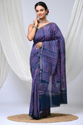 Indigo & Pink Striped Bagru Hand Block Print Chanderi Silk Saree With Blouse Piece