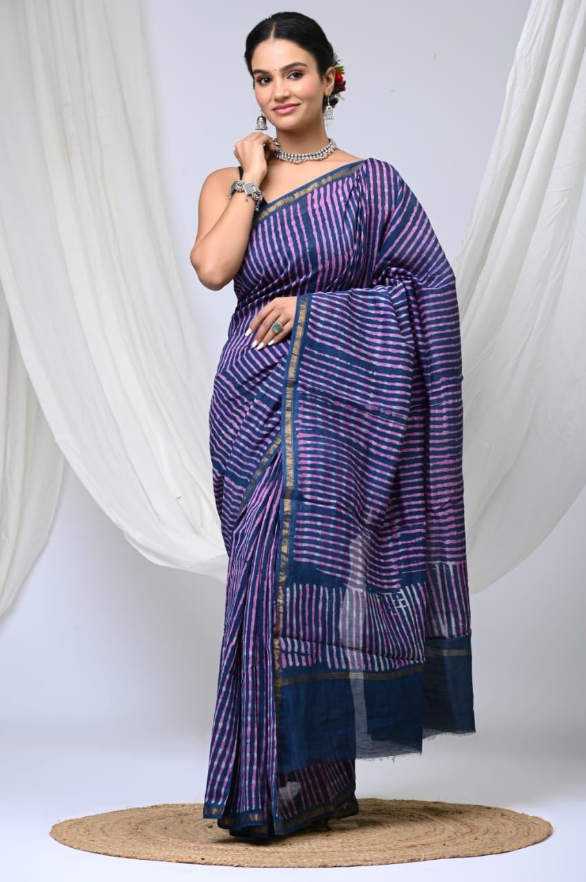 Indigo and pink striped Chanderi silk saree with hand block print