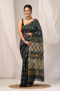 Dark Teal & Earthy Brown Floral Bagru Hand Block Print Chanderi Silk Saree With Blouse Piece