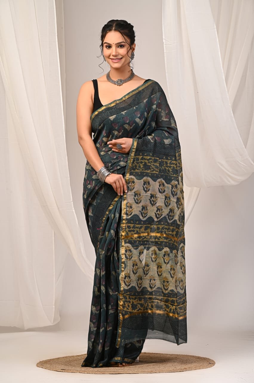 Dark teal saree with floral motifs, hand block printed, Chanderi silk