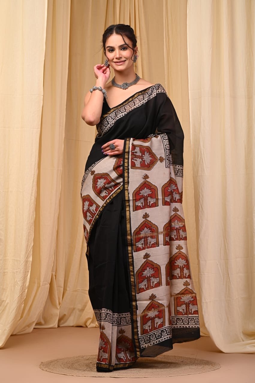 Black Chanderi Silk saree with red and white arch motifs and geometric borders