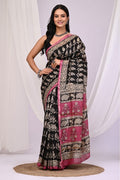 Black & Pink Floral Buti Bagru Hand Block Print Chanderi Silk Saree With Blouse Piece