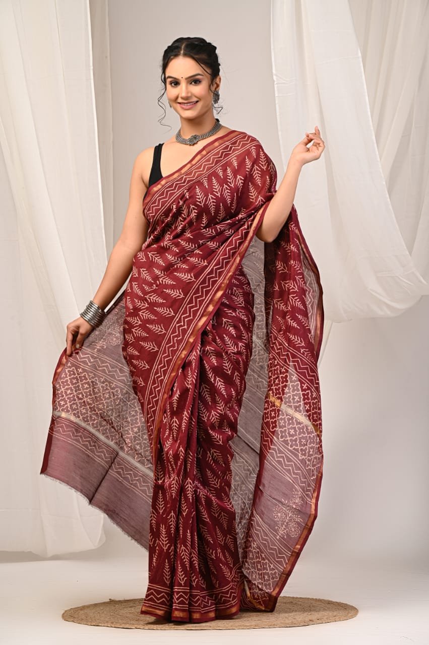 Maroon saree with floral Bagru hand block print on Chanderi Silk