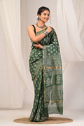 Forest Green & Off-White Floral Buti Bagru Hand Block Print Chanderi Silk Saree With Blouse Piece