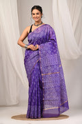 Purple & White Floral Buti Bagru Hand Block Print Chanderi Silk Saree With Blouse Piece