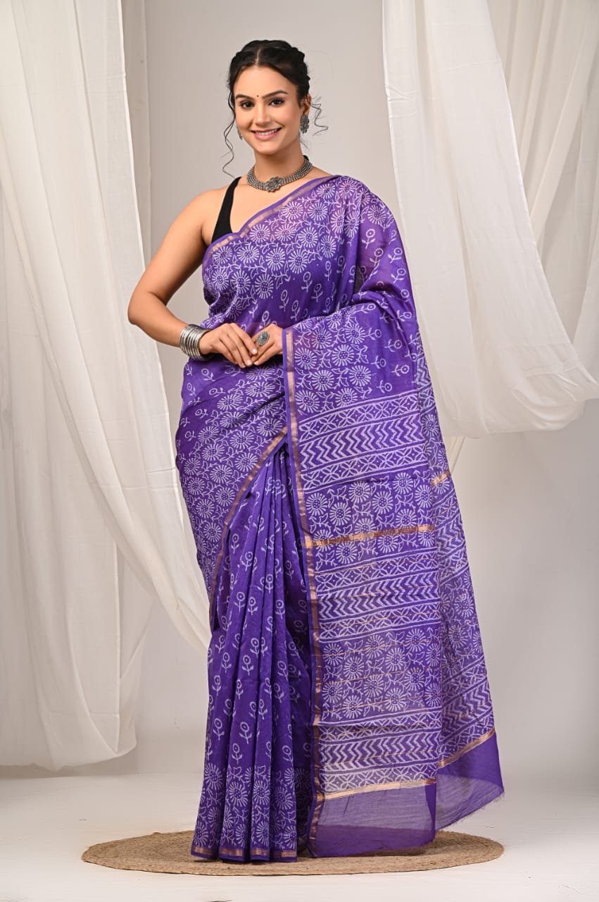 Purple saree with floral Bagru hand block print and geometric borders
