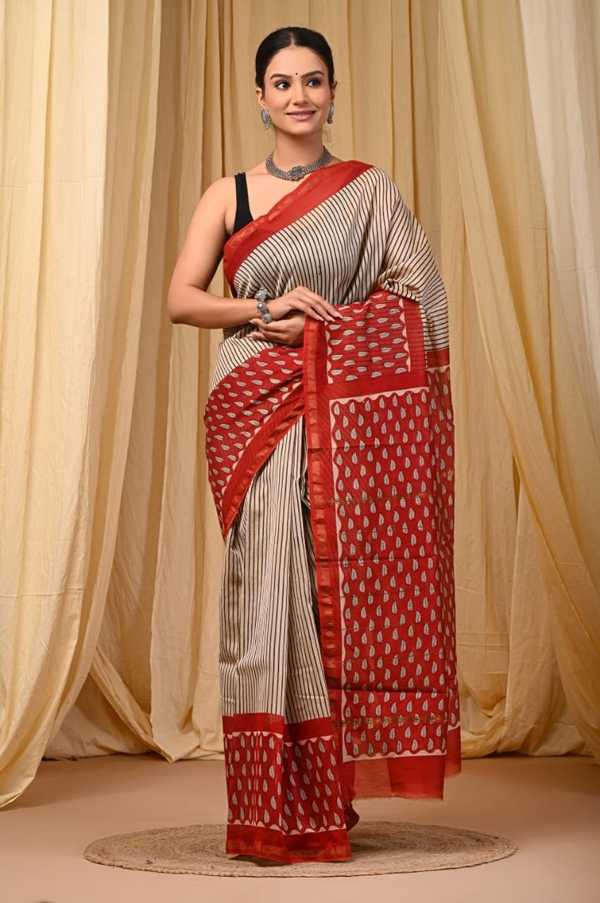 Red and beige saree with buti motifs and stripes, Chanderi Silk