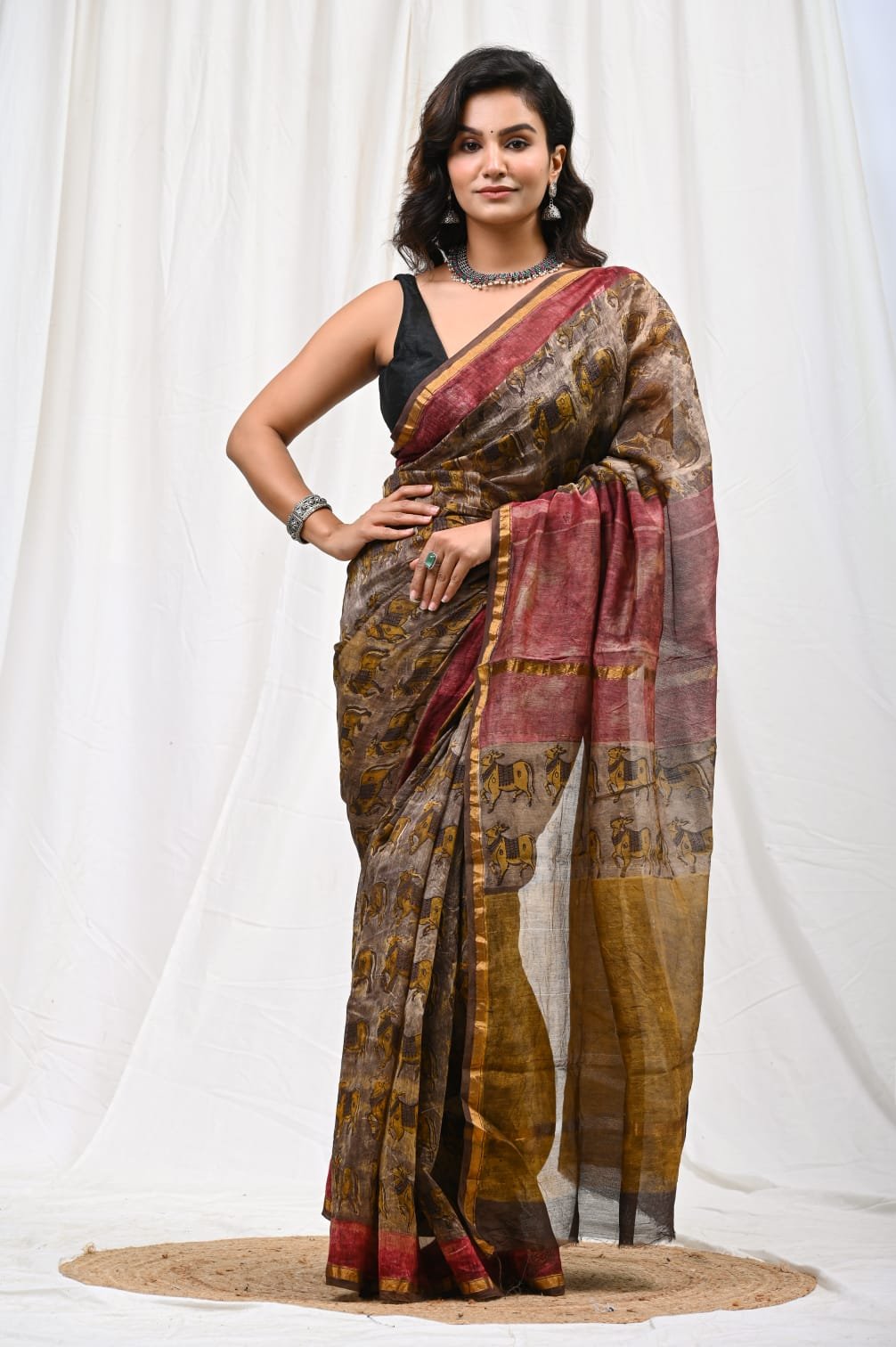 Earthy tones Jaal pattern Bagru hand block print Chanderi Silk saree with geometric border