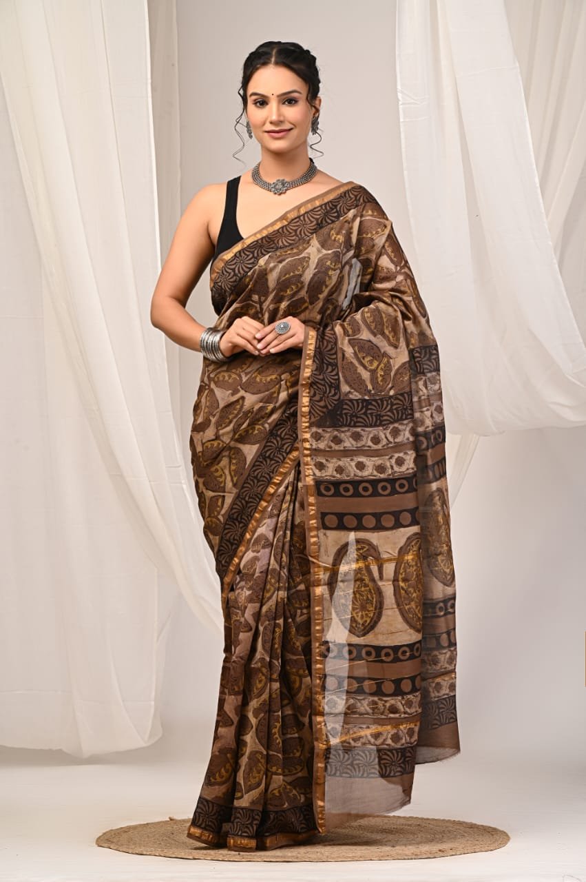 Brown floral and geometric motif saree with lustrous Chanderi Silk fabric