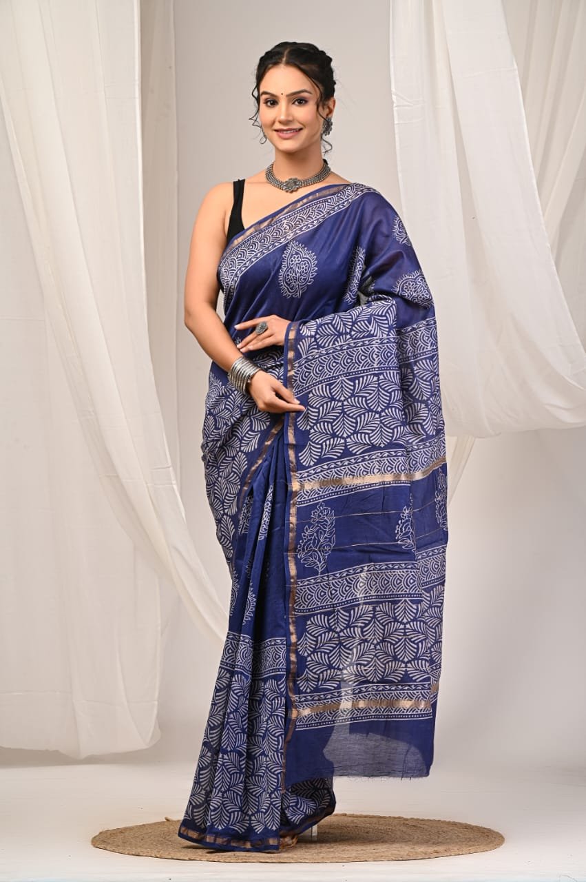 Blue saree with intricate jaal motifs and geometric borders, handcrafted elegance.