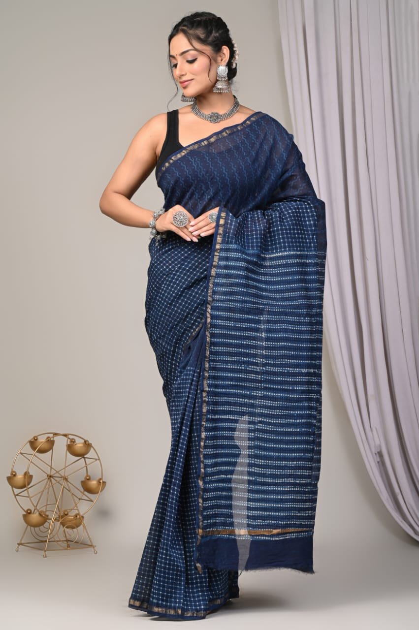 Navy saree with geometric patterns and sheer Chanderi Silk texture