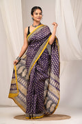 Purple & Mustard Yellow Floral Buti Bagru Hand Block Print Chanderi Silk Saree With Blouse Piece