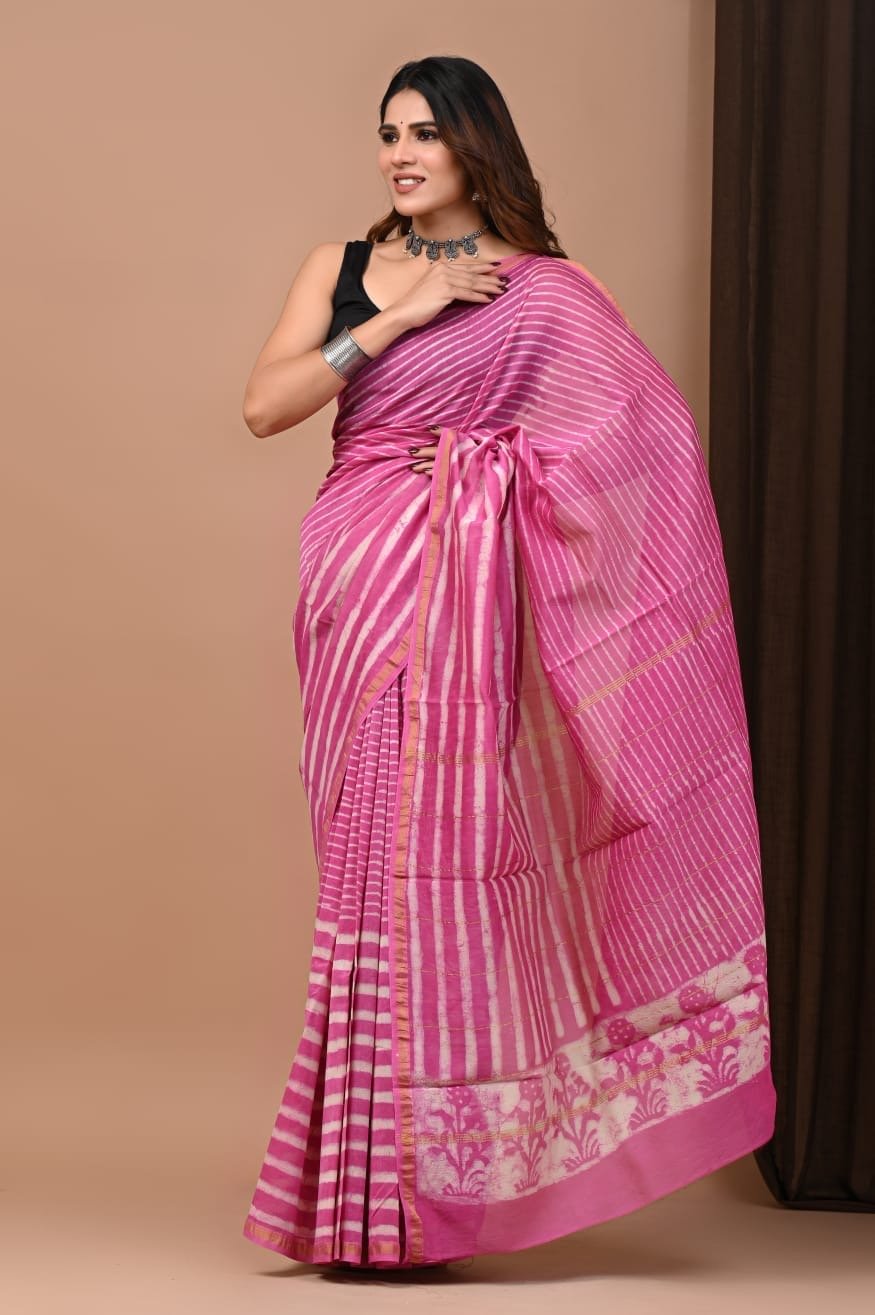 Pink Chanderi Silk saree with stripes and floral motifs