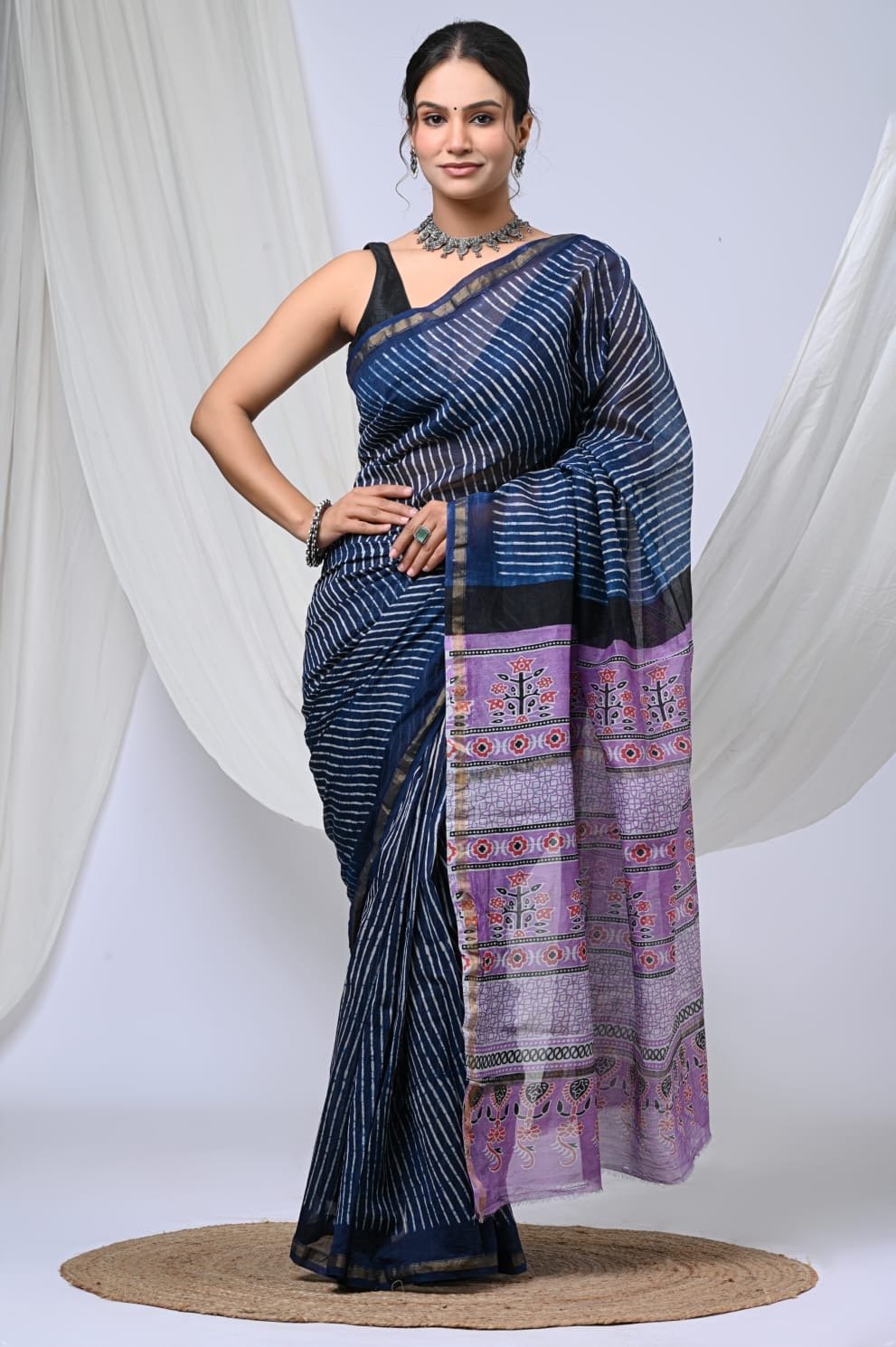 Navy blue striped and purple jaal Chanderi silk saree with hand block print