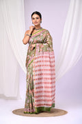 Green & Pink Floral Bagru Hand Block Print Chanderi Silk Saree With Blouse Piece