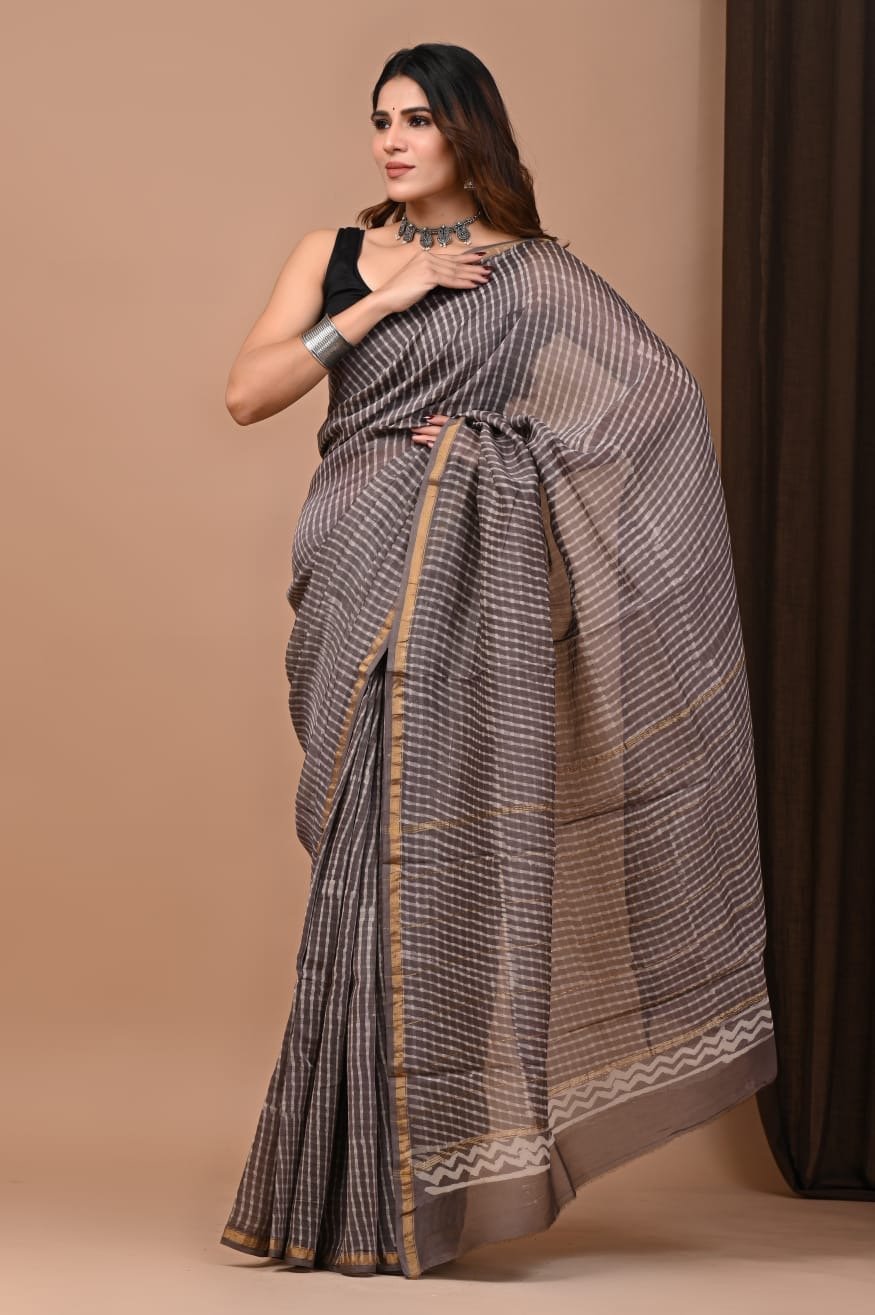 Grey striped Chanderi silk saree with geometric border design