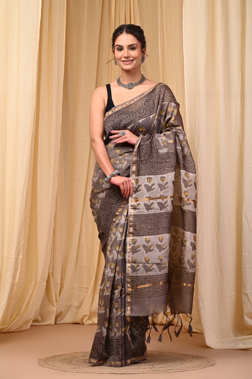 Grey Chanderi Silk saree with floral and geometric Bagru motifs