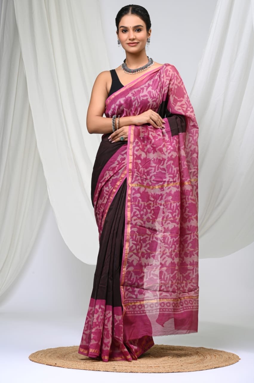 Magenta saree with floral Bagru hand block print design