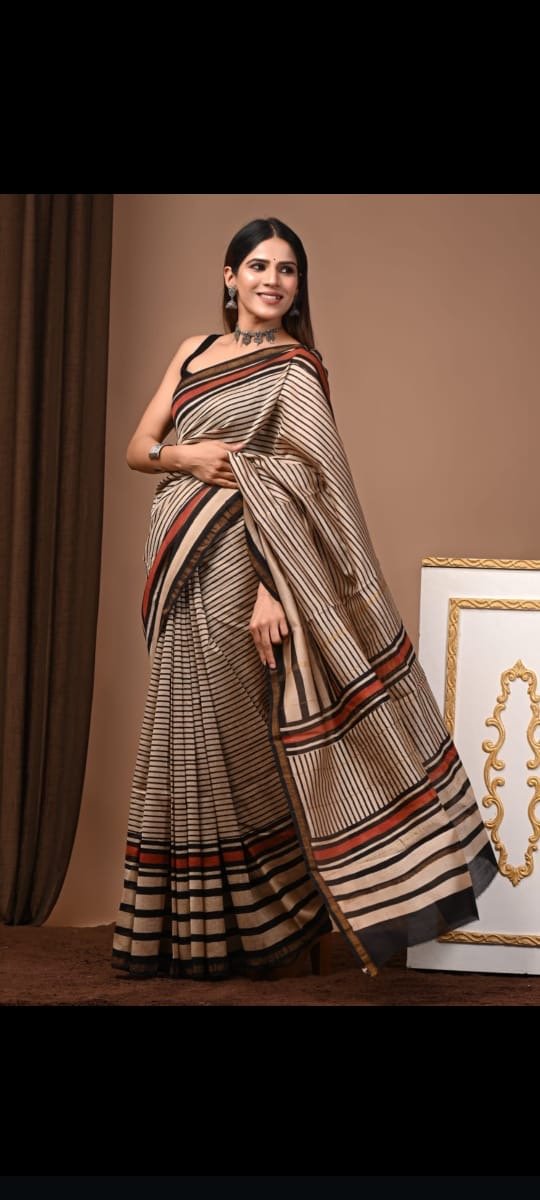 Beige and black striped Chanderi Silk saree with Bagru print