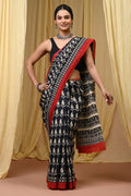 Black saree with red border featuring traditional buta hand block print motifs