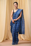 Deep blue saree with white geometric hand block prints and intricate patterns