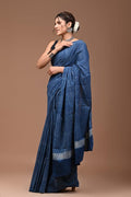 Indigo saree with white geometric patterns and border design using Bagru hand block print