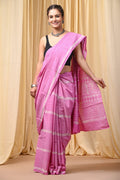 Pink saree with white stripes and geometric patterns, Bagru hand block print