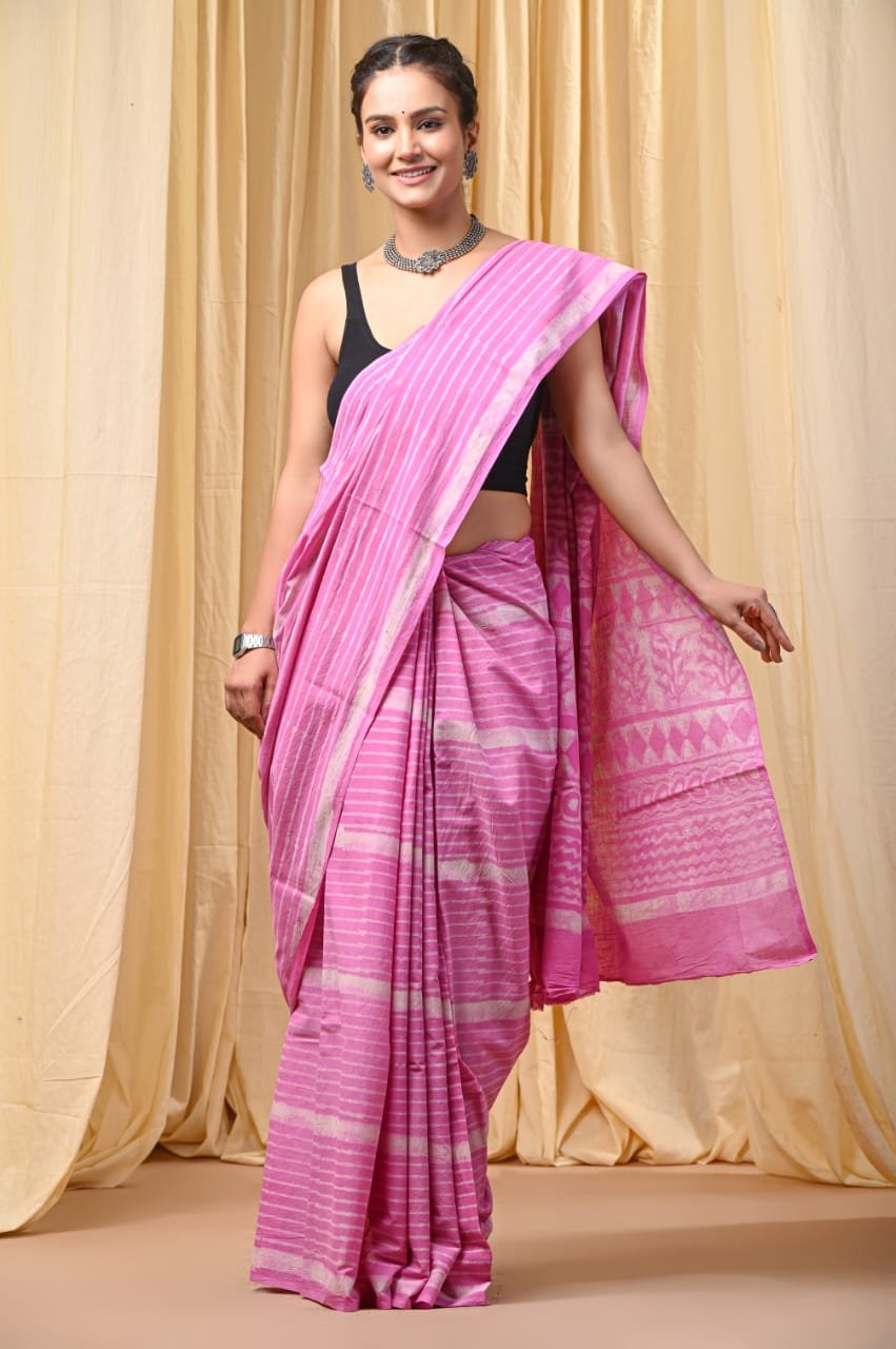 Pink saree with white stripes and geometric patterns, Bagru hand block print