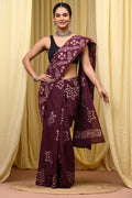Purple saree with floral motifs and traditional Bagru hand block print