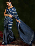 Navy blue saree with horizontal stripes and geometric border in Bagru print