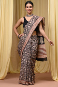 Black and beige floral Bagru hand block print Mul Cotton saree design