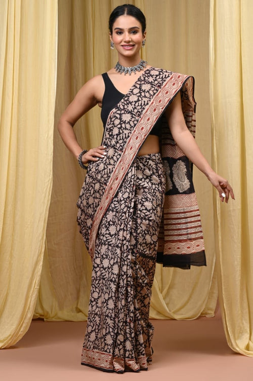 Black & Beige Floral Bagru Hand Block Print Mul Cotton Saree With Blouse Piece