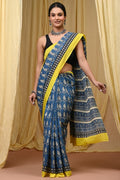 Blue saree with yellow border featuring traditional buta motifs