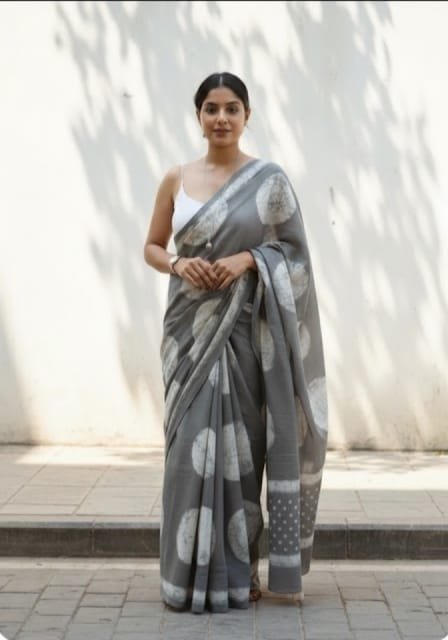 Grey saree with circular motifs and traditional Bagru print